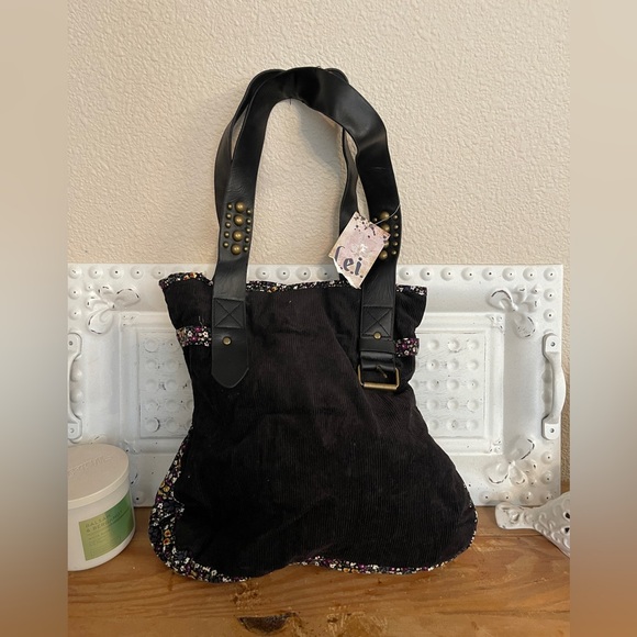 lei Handbags - Vintage NWT l.e.i. Black Corduroy & Floral Shoulder Bag with Studded Straps